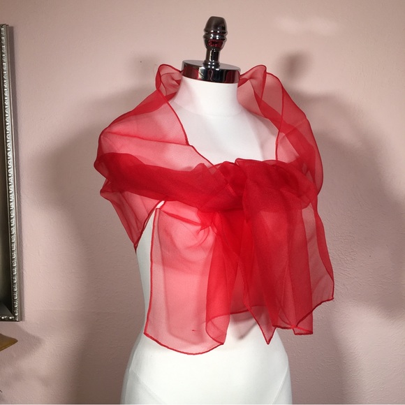 Vintage 40 50 Retro Sheer Red Oversized Long Scarf Wrap Minimalist Evening - Picture 3 of 15